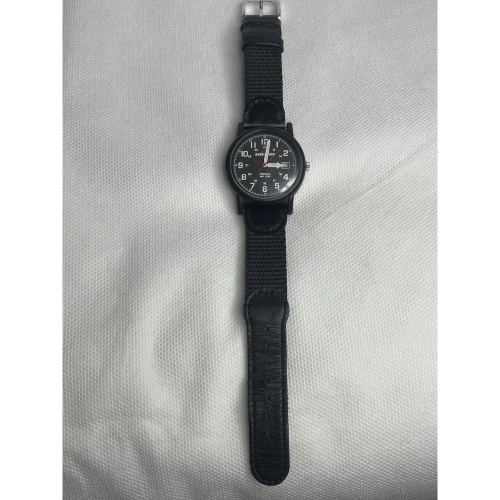 Timex Expedition Camper Watch T40011 Military Style Indiglo Black Leather Fabric